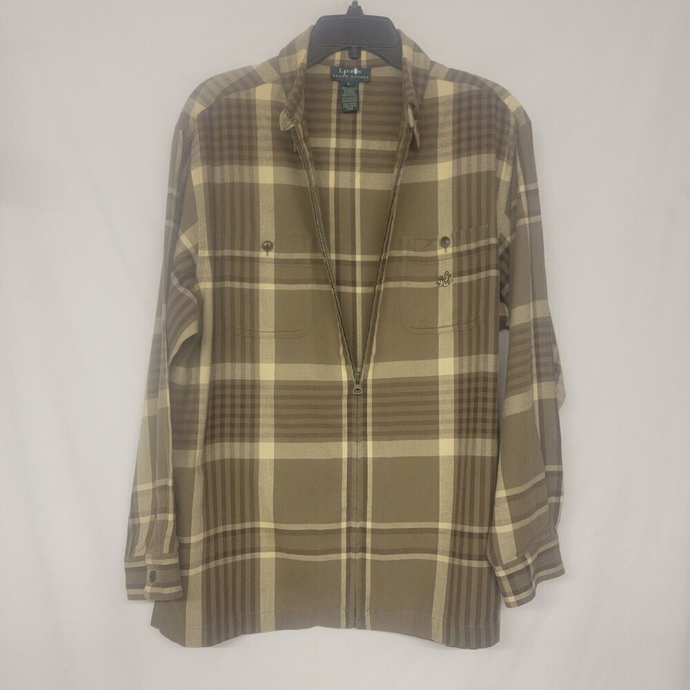 Ralph Lauren‎ Large Flannel Jacket Full Zip Plaid Brown Men  Shirt Jacket